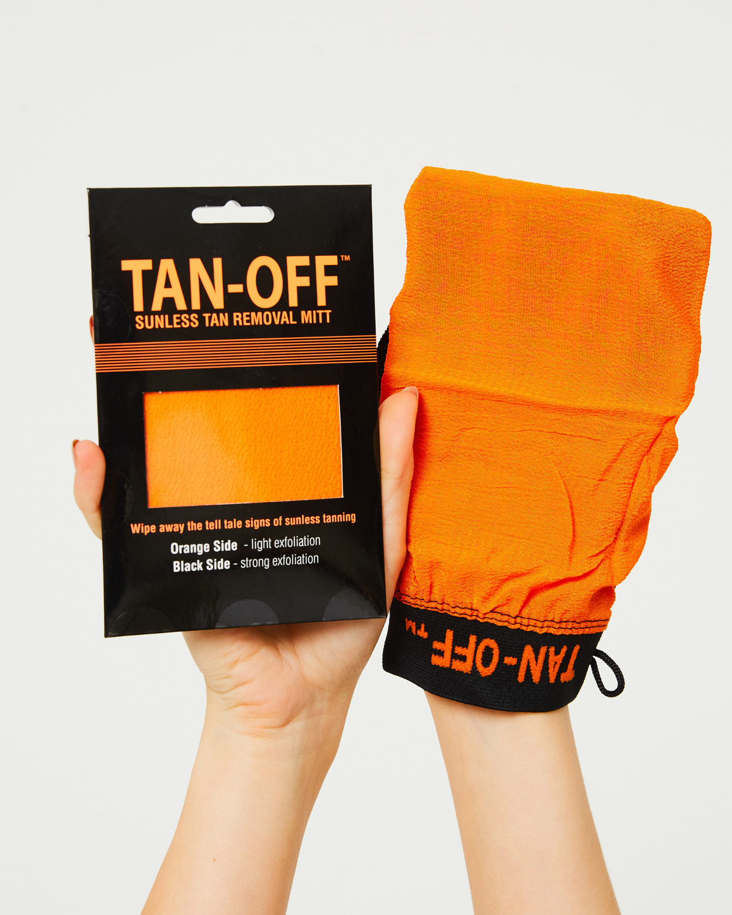 Tan-Off sunless tan removal mitt with packaging — chemical-free fake tan remover