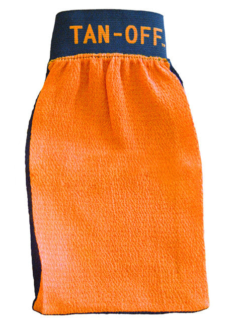 Tan-Off dual-sided microfibre tan removal mitt close-up showing orange exfoliation side