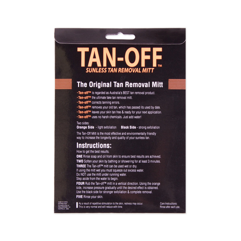 Tan-Off mitt packaging back with usage instructions and benefits